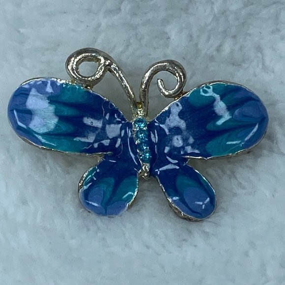 Silver & Shade of Blue Enameled Butterfly Pin Brooch Jewelry Rhinestone Accents - Picture 15 of 16